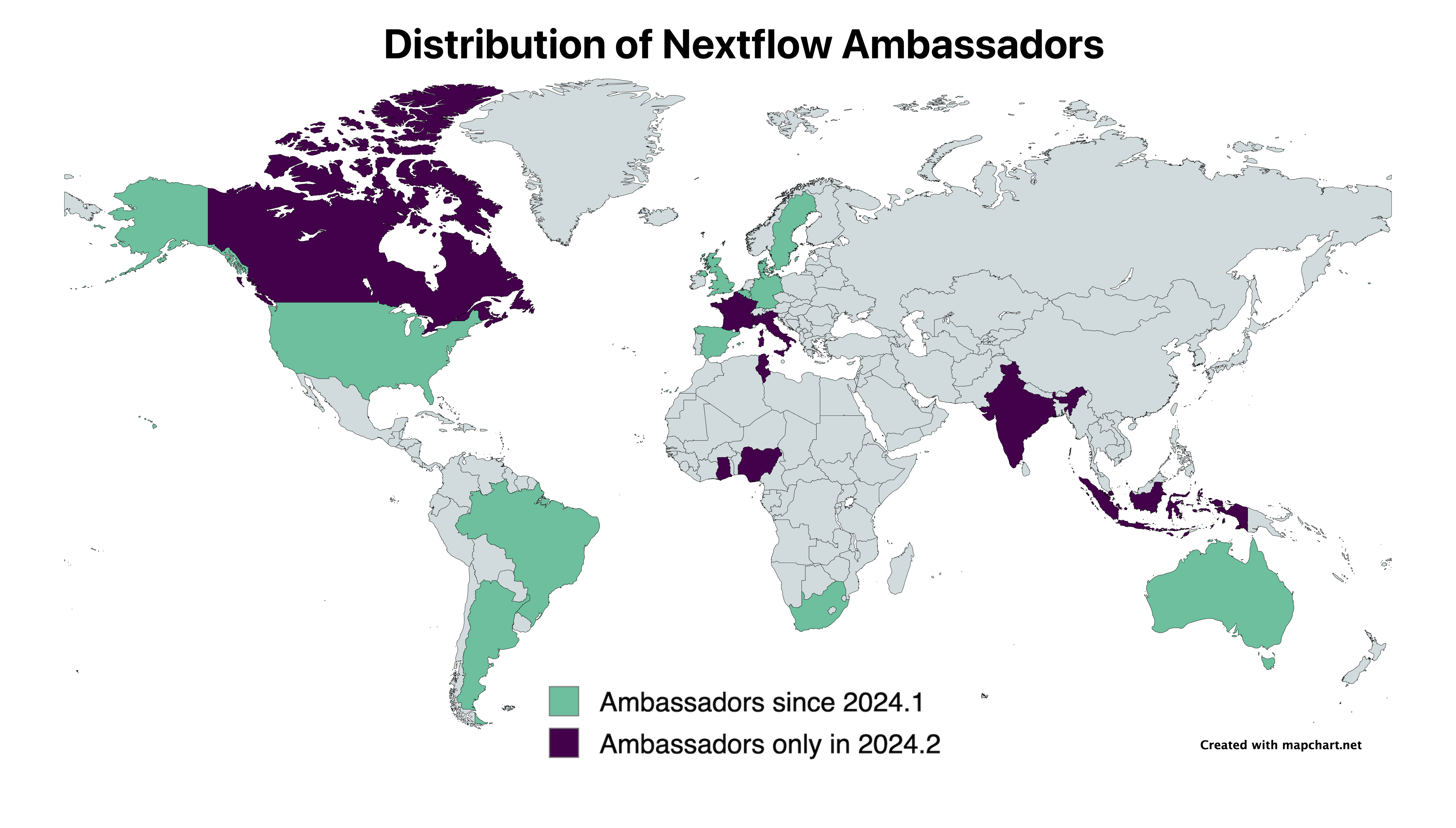 Map with colored countries based on ambassadors residency